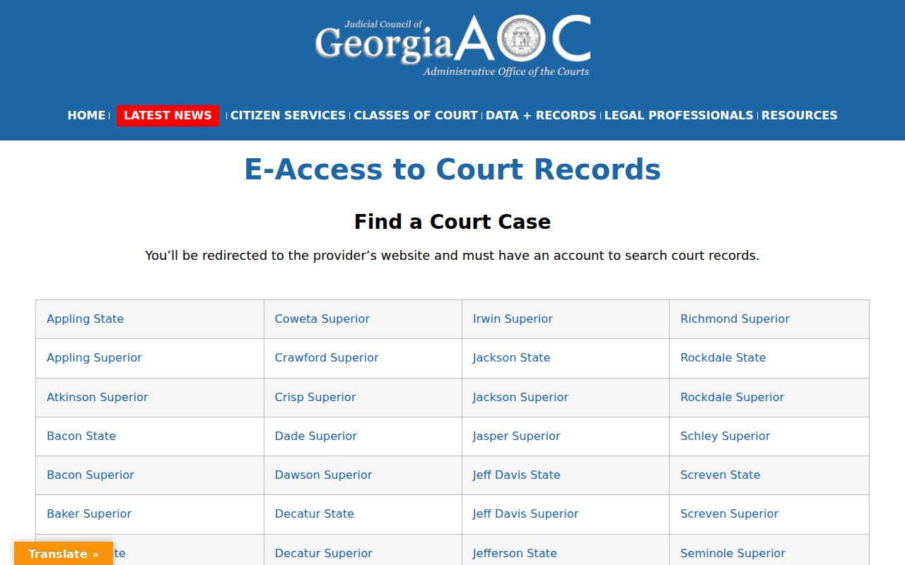 Georgia Courts electronic access page for Muscogee County case searches