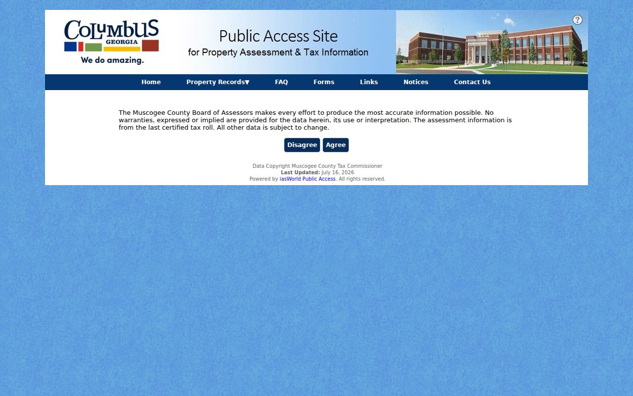 Muscogee County Board of Assessors owner search tabs and disclaimer