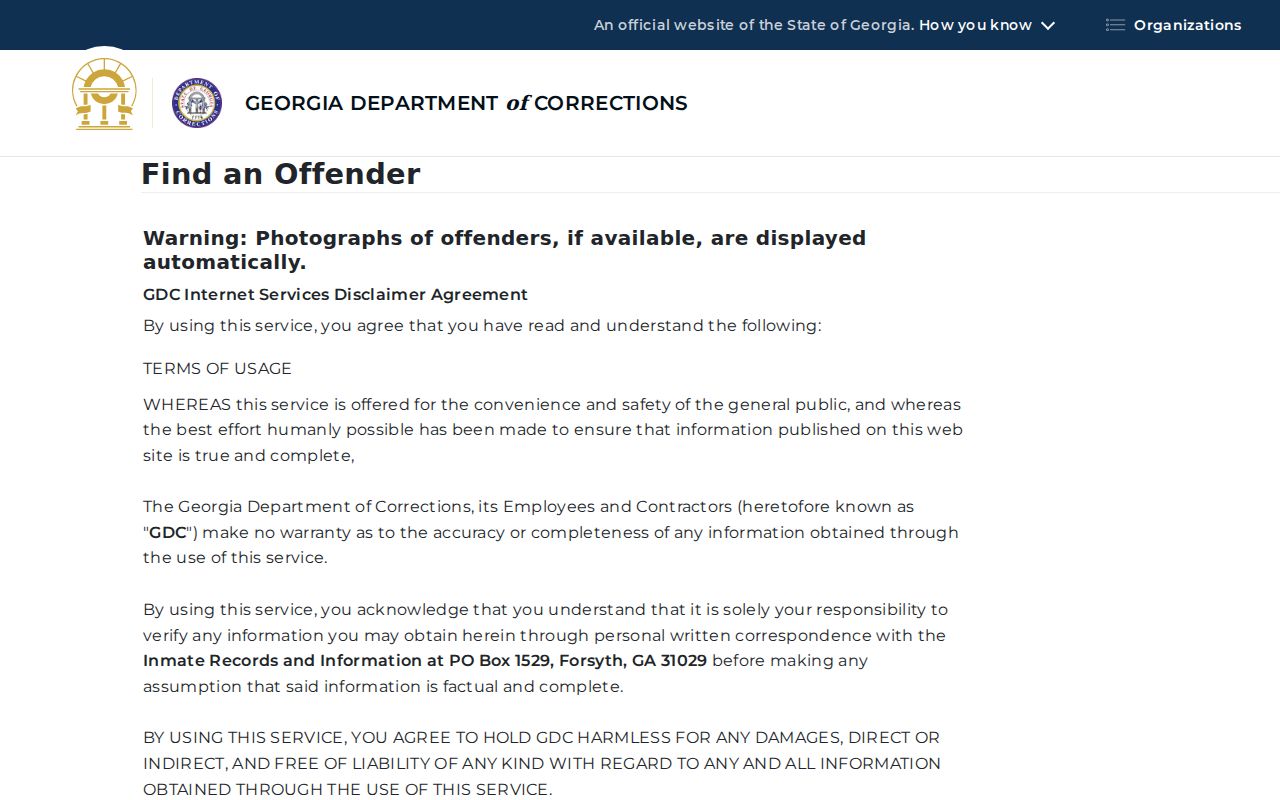 Georgia Department of Corrections offender query fields used for Muscogee County searches