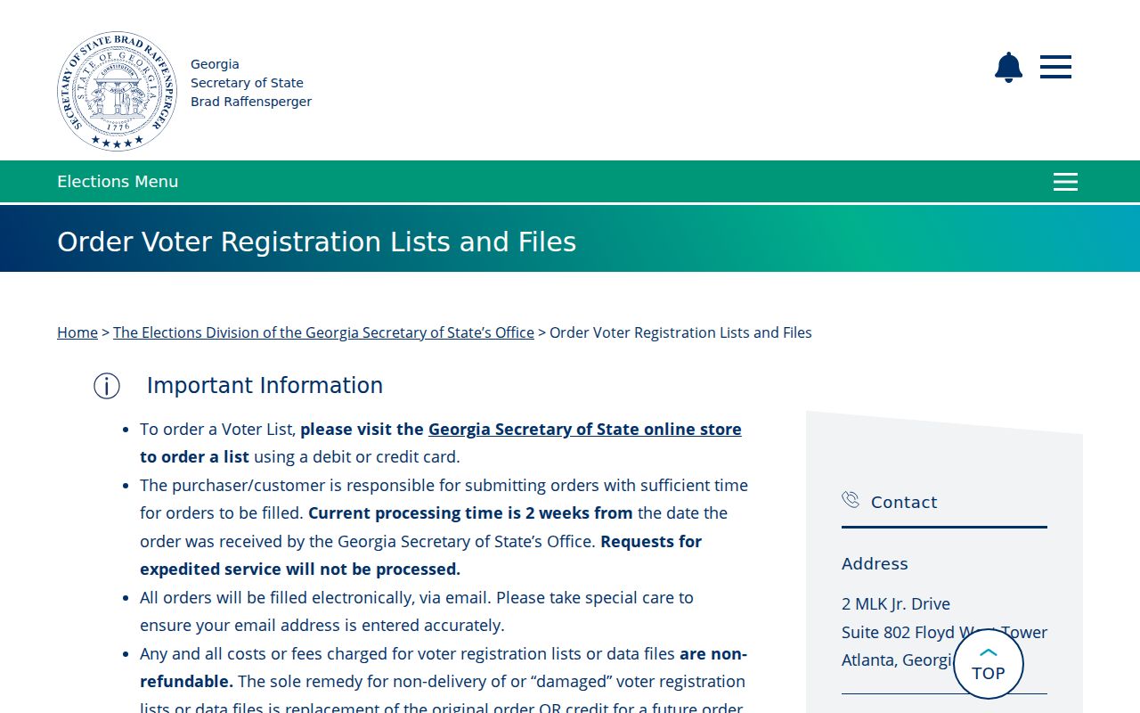 Muscogee County voter file order and pricing page